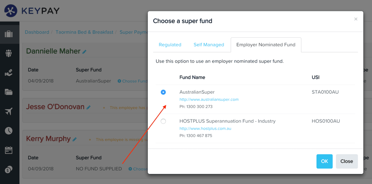 Employees can now easily select their employer's default super fund